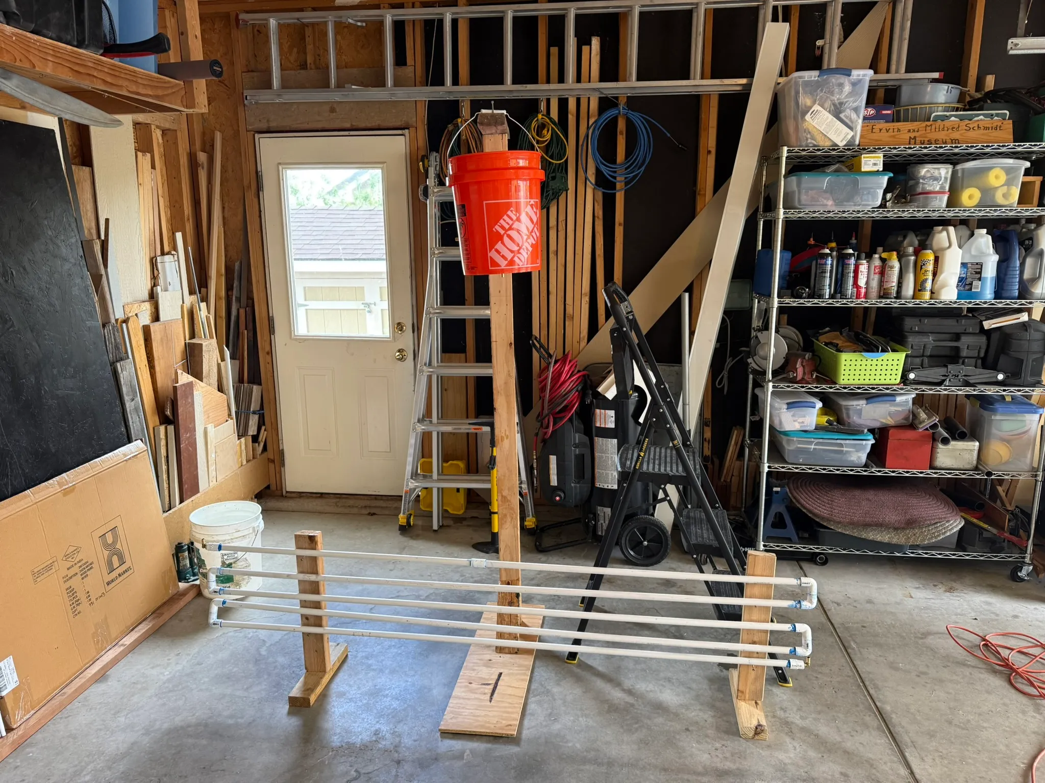 The collector frame under construction in the garage