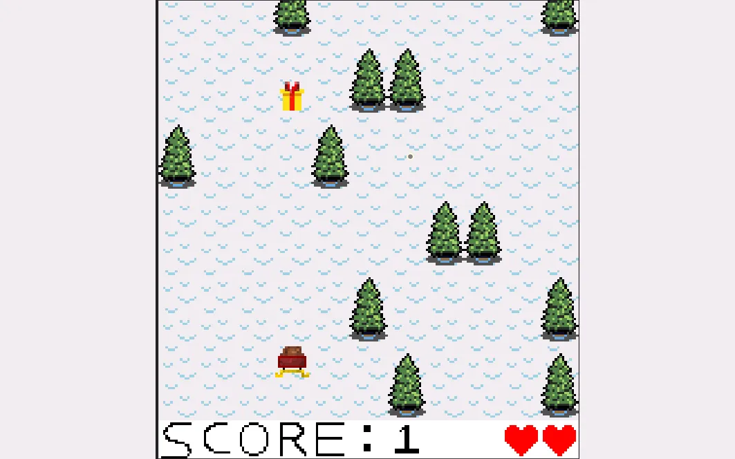 The sleigh game: a Santa sleigh dodging pine trees to collect presents, with score and remaining lives