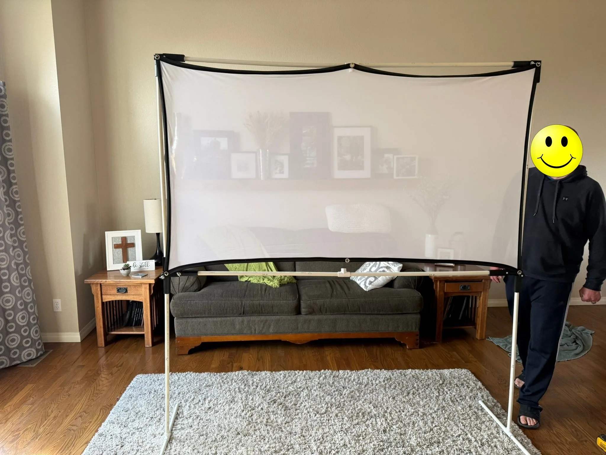 The finished frame with the 80-inch screen mounted