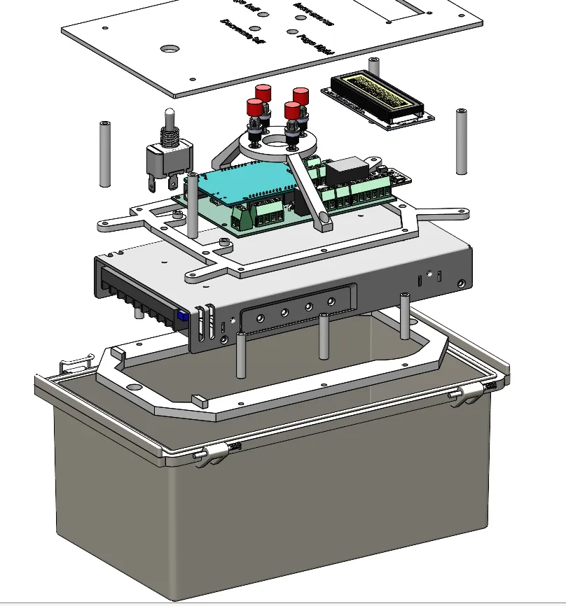 Exploded CAD view of the watertight controller enclosure, board, and front panel