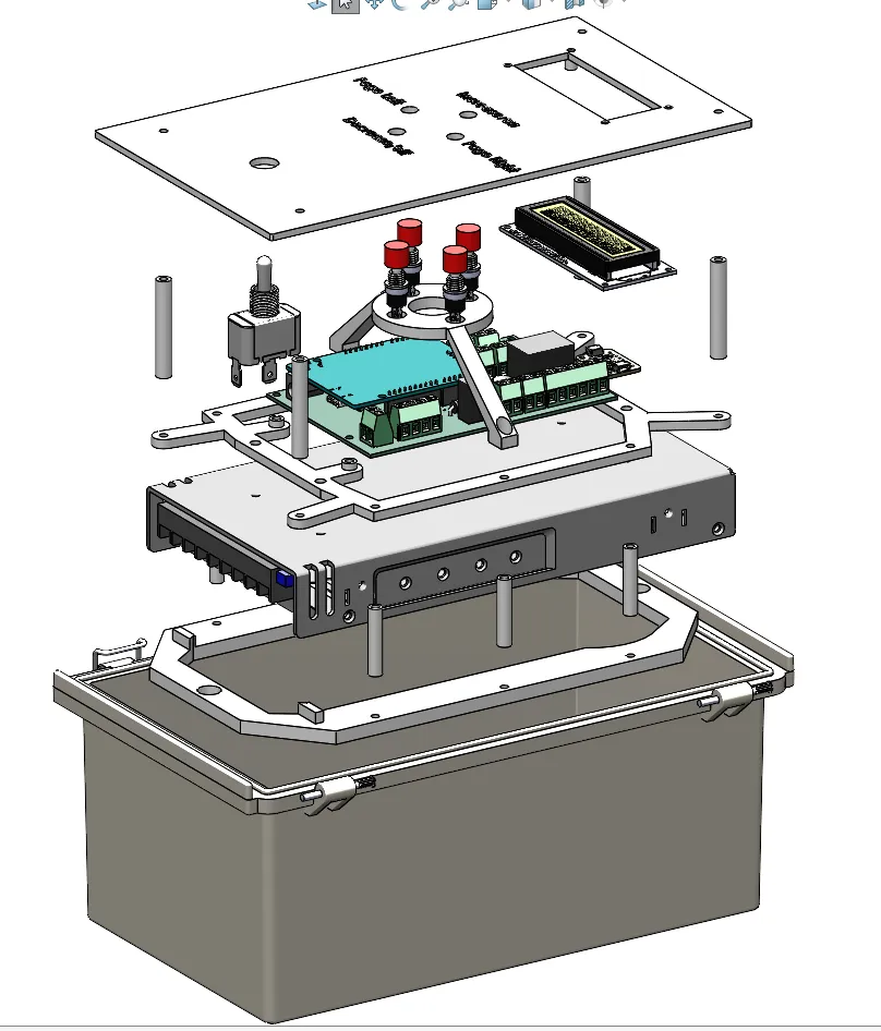 Exploded CAD view of the watertight enclosure, control board, and front panel