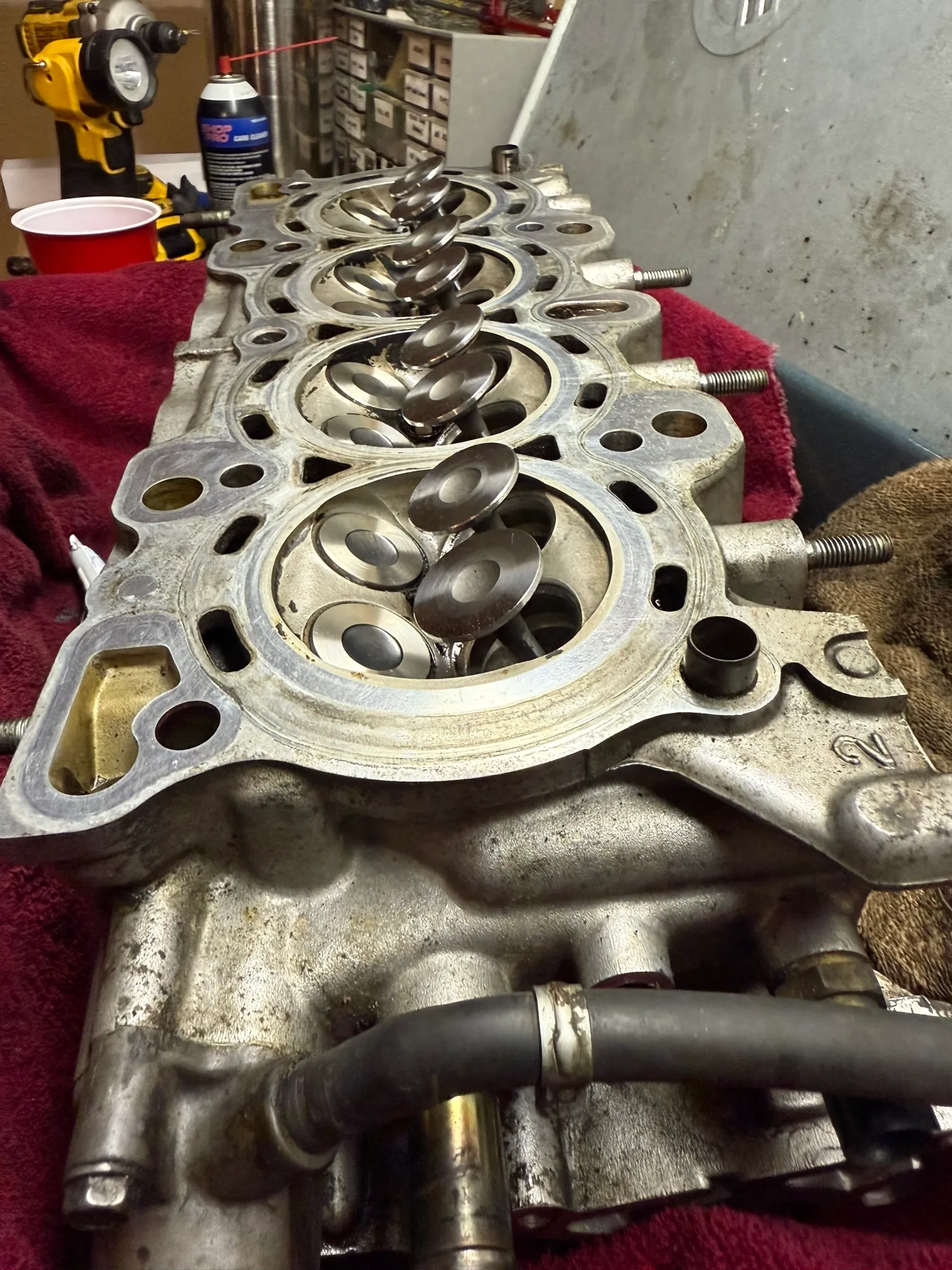 Cylinder head removed, showing the valve side and combustion chambers