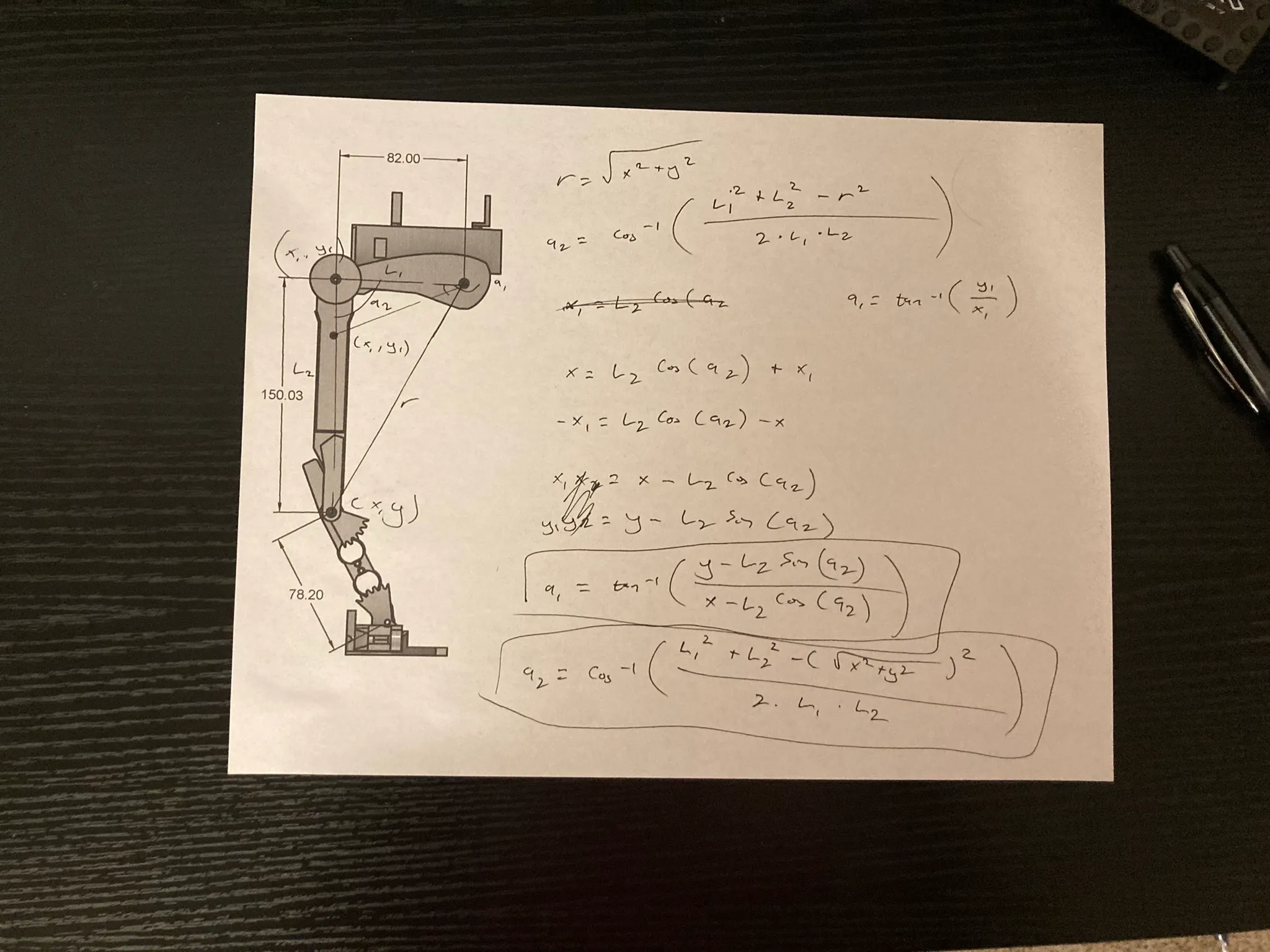 Handwritten inverse kinematics derivation for the two-link leg, with dimensions taken from the CAD model