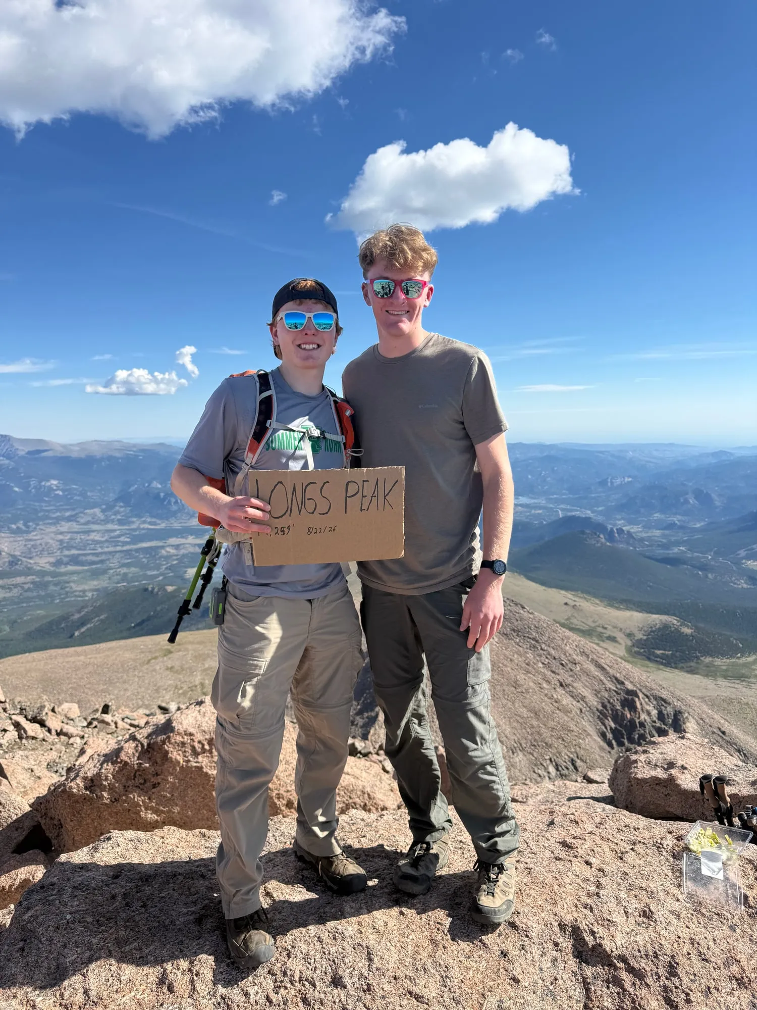 On the summit of Longs Peak with a hand-lettered sign, 14,259 feet