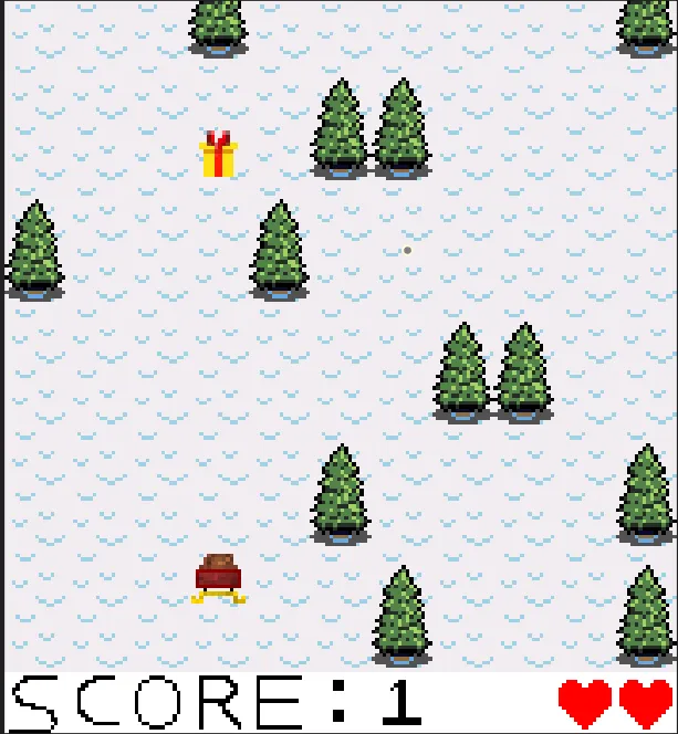 The sleigh game: a Santa sleigh dodging pine trees to collect presents, with score and remaining lives